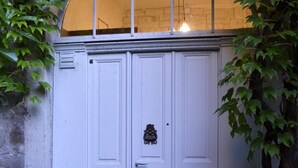 Een witte dubbele deur met een klein decoratief handvat, een bloeiende plant in pot en een deurmat op een stenen terras.