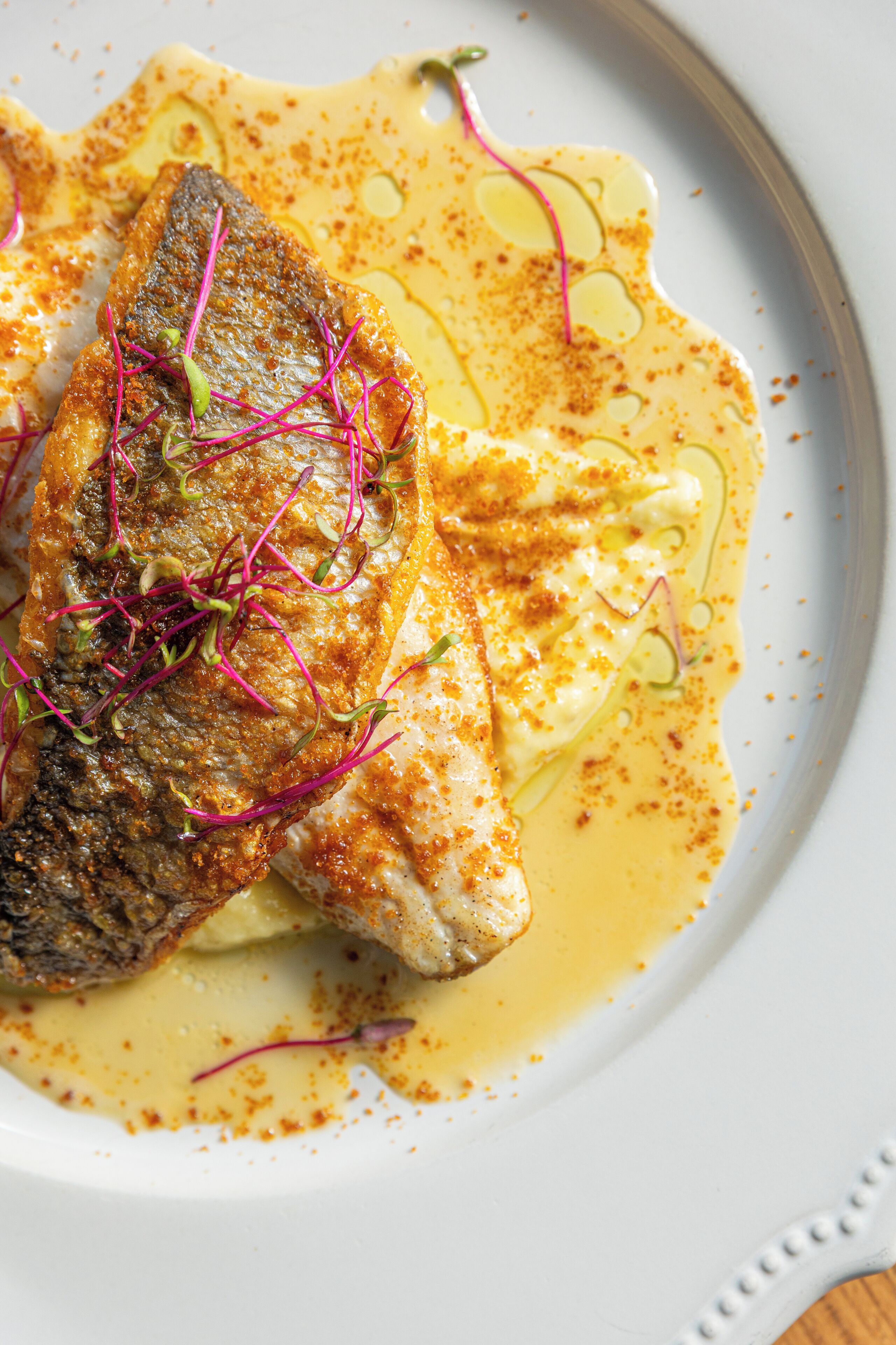 Une assiette contenant un poisson, agrémenté de jeunes pousses et nappé d’une sauce crémeuse.
