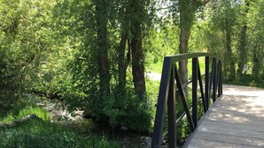 Un puente de madera con barandillas metálicas en una zona boscosa.