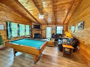 TV, fireplace - A View From Above - Dog Friendly w/ Screened in Porch and Hot Tub, Near Helen GA (Sautee Nacoochee)