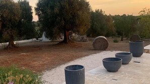 Een stenen terras met grote plantenbakken en olijfbomen op de achtergrond.