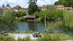 A lakeside view with a picnic area, a large tree, and houses in the background.
