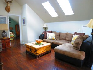 Smart TV, fireplace, DVD player, books