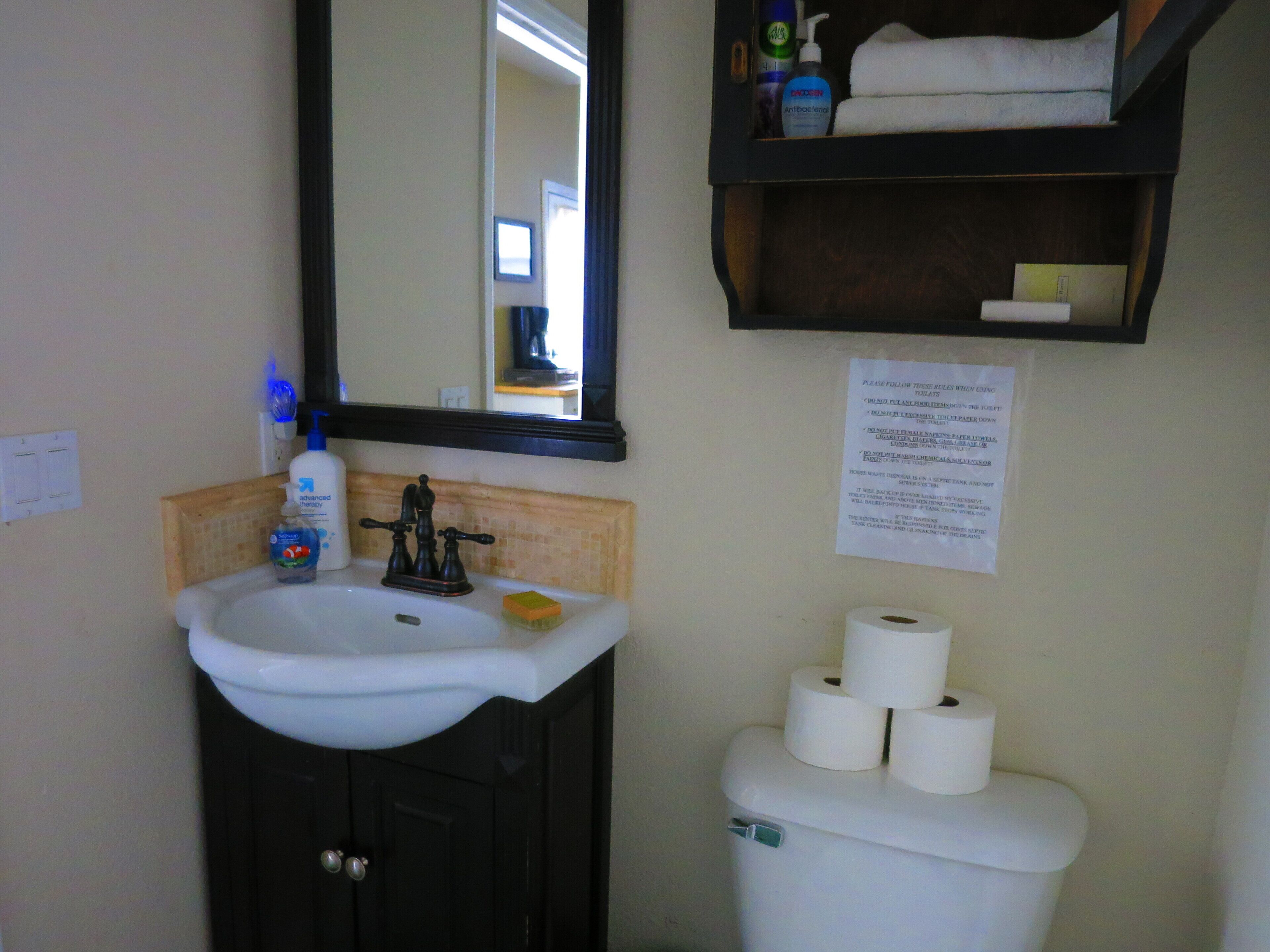 A bathroom with a sink, mirror, toilet, and a shelf with toiletries.