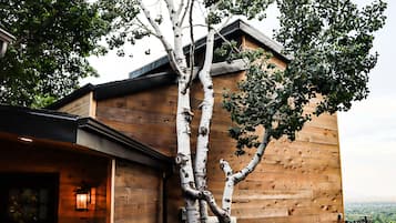 Una moderna casa in legno con un grande albero di fronte, un piccolo giardino e vista sul paesaggio.