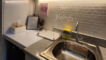 Fridge, microwave, electric kettle, toaster