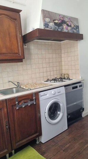 A compact kitchen with a stove, sink, and a built-in washing machine.