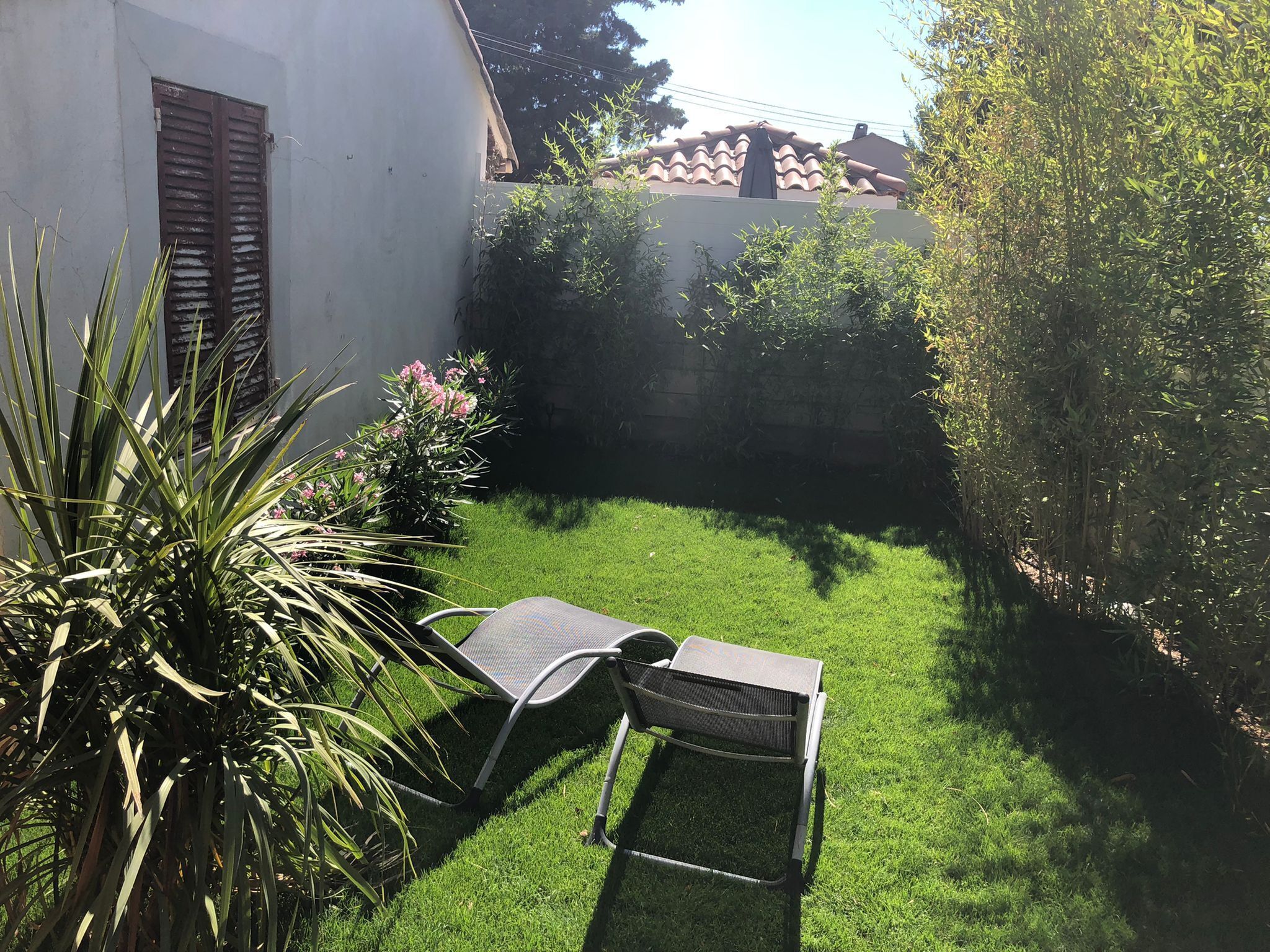 Een kleine, besloten tuin met een enkele metalen stoel en een tafel, omgeven door weelderige begroeiing en een wit gebouw met een bruin luik.