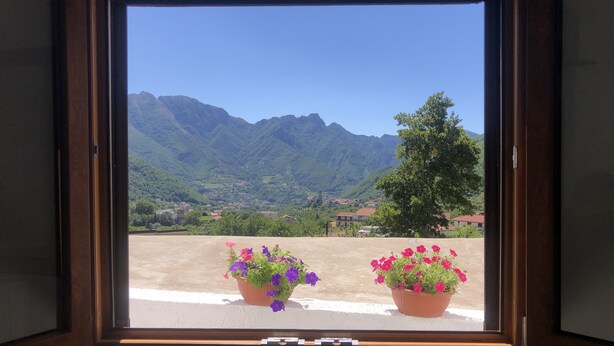 A window with a view of mountains, a tree, and two flower pots on a balcony. - Appartamento nel Cuore Della Costa Damalfi (Pietre)