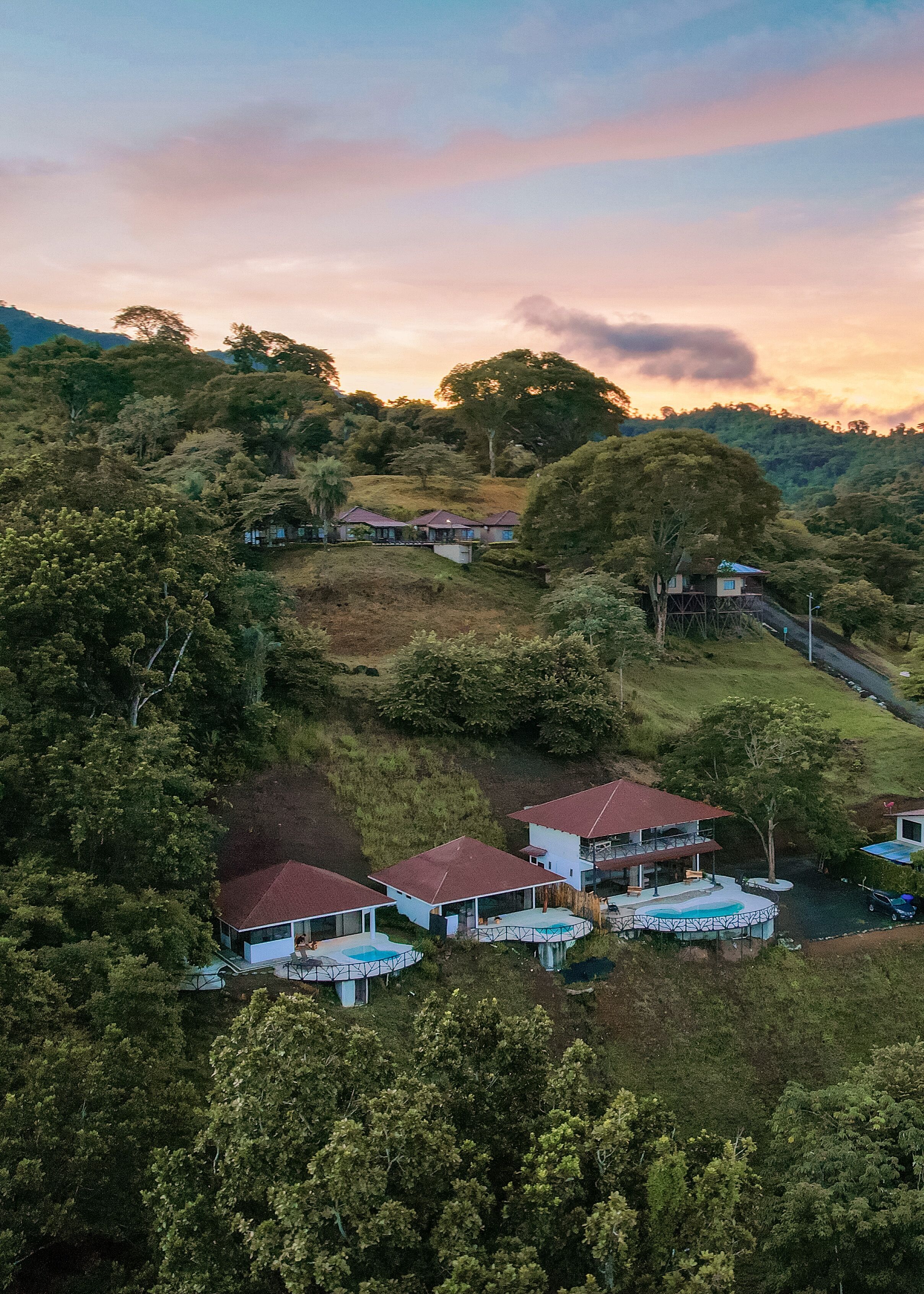 Una propiedad en una ladera con varias casas, una piscina y abundante vegetación.