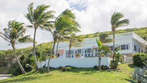 Une maison moderne à deux étages, à l’extérieur blanc, entourée d’une végétation luxuriante et de palmiers.