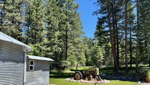 A rustic cabin with a metal roof and a small window, surrounded by a gravel driveway and a stone border.