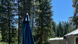 A picnic table with a blue umbrella, a fire pit, and a small cabin in a forested area.