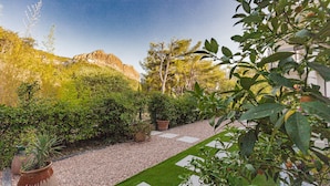 A garden with a gravel path, green grass, and various plants.