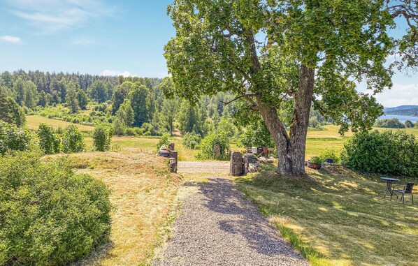 Escape to a serene natural oasis with scenic views of a distant forest and water.
