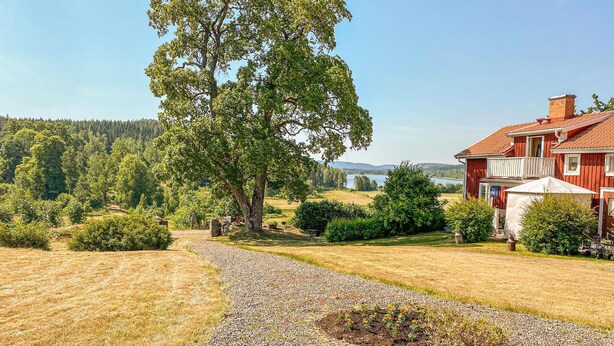 Landskab med et stort træ, en grusvej og et rødt hus med balkon.