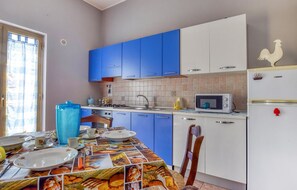 Fridge, microwave, stovetop, cookware/dishes/utensils