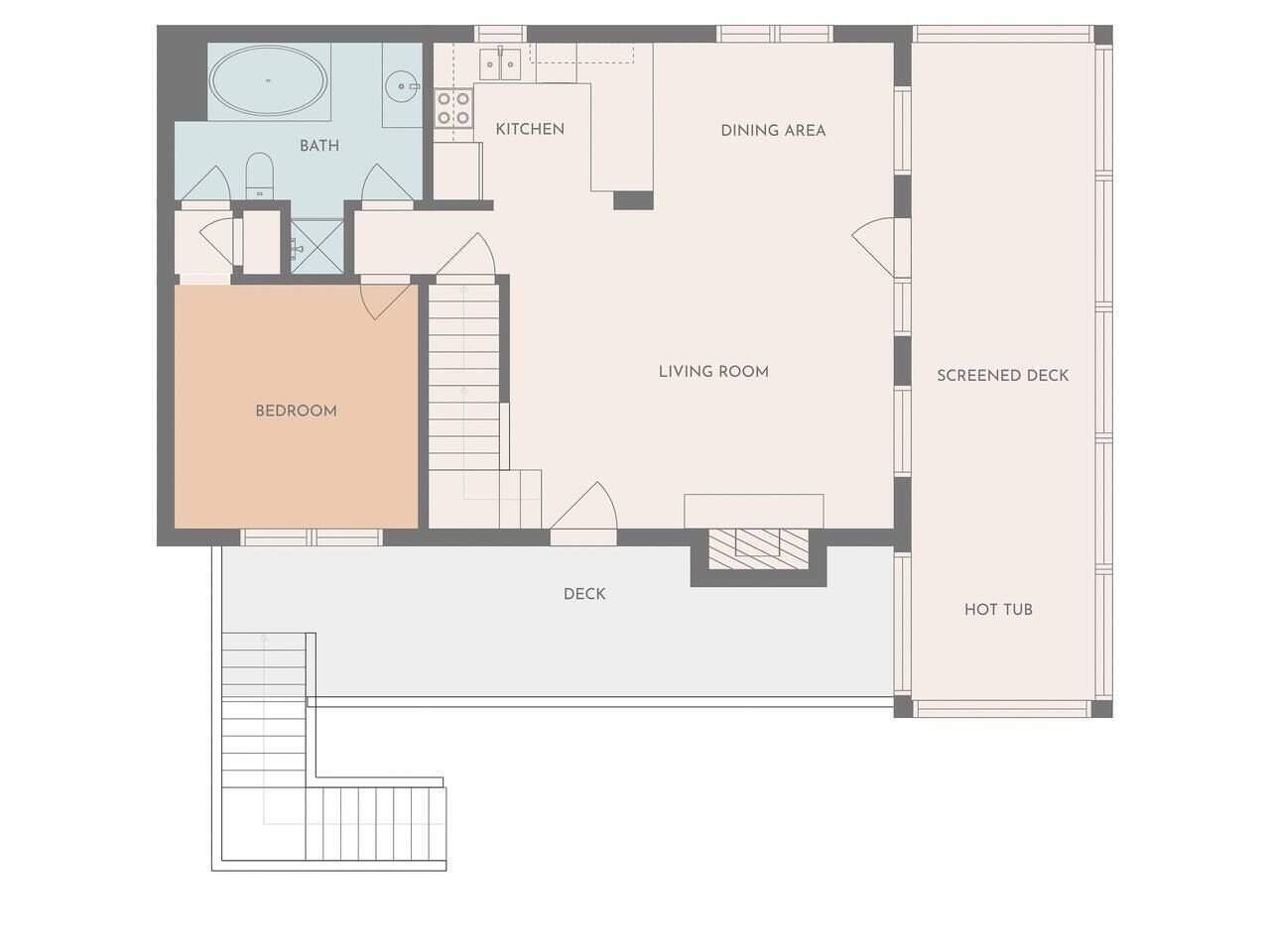 Een plattegrond met een slaapkamer, badkamer, keuken, eetgedeelte, woonkamer, omheinde veranda en een hottub.