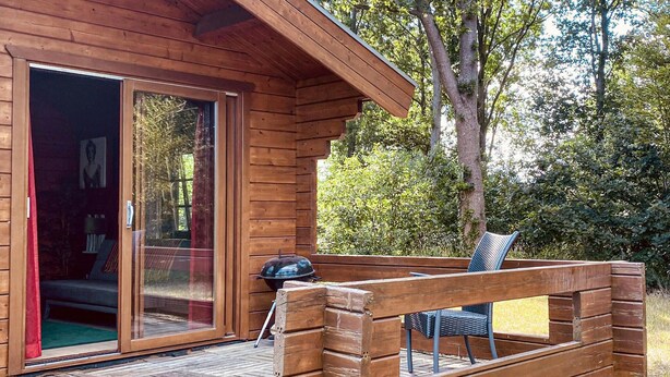 Une cabane en bois avec une porte-fenêtre coulissante donnant sur une terrasse.