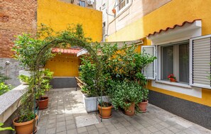 Stroll through this serene courtyard, surrounded by lush greenery and a vibrant climbing vine.