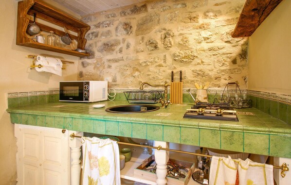 Fridge, stovetop, cookware/dishes/utensils