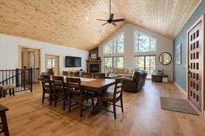 Smart TV, fireplace, video games, DVD player