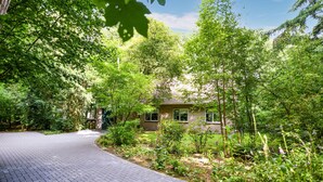 A house surrounded by dense greenery, with a paved driveway leading to the entrance.