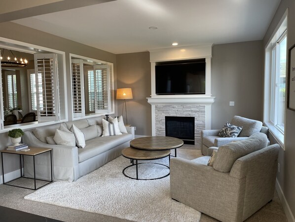 TV, fireplace, video games, books