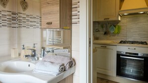 Een moderne keuken met een ingebouwde oven en een spoelbak met een handdoekrek.