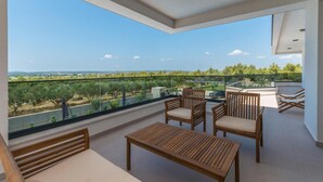 Een balkon met houten meubels, een glazen hekwerk en uitzicht op een groen landschap.