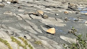 Una costa rocosa con vista despejada al océano y montañas lejanas.