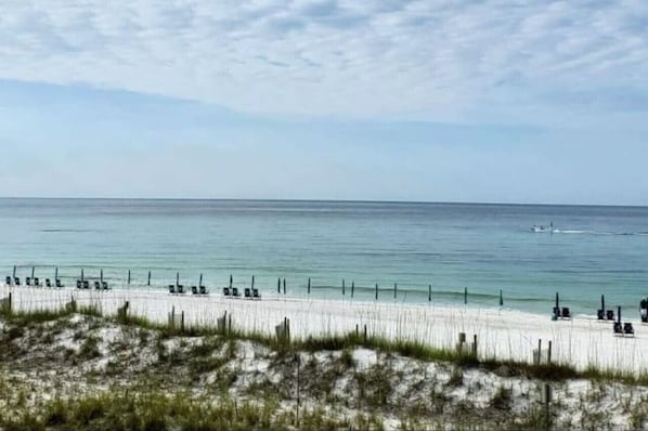 Relax on the beach with lounge chairs and a clear ocean view.