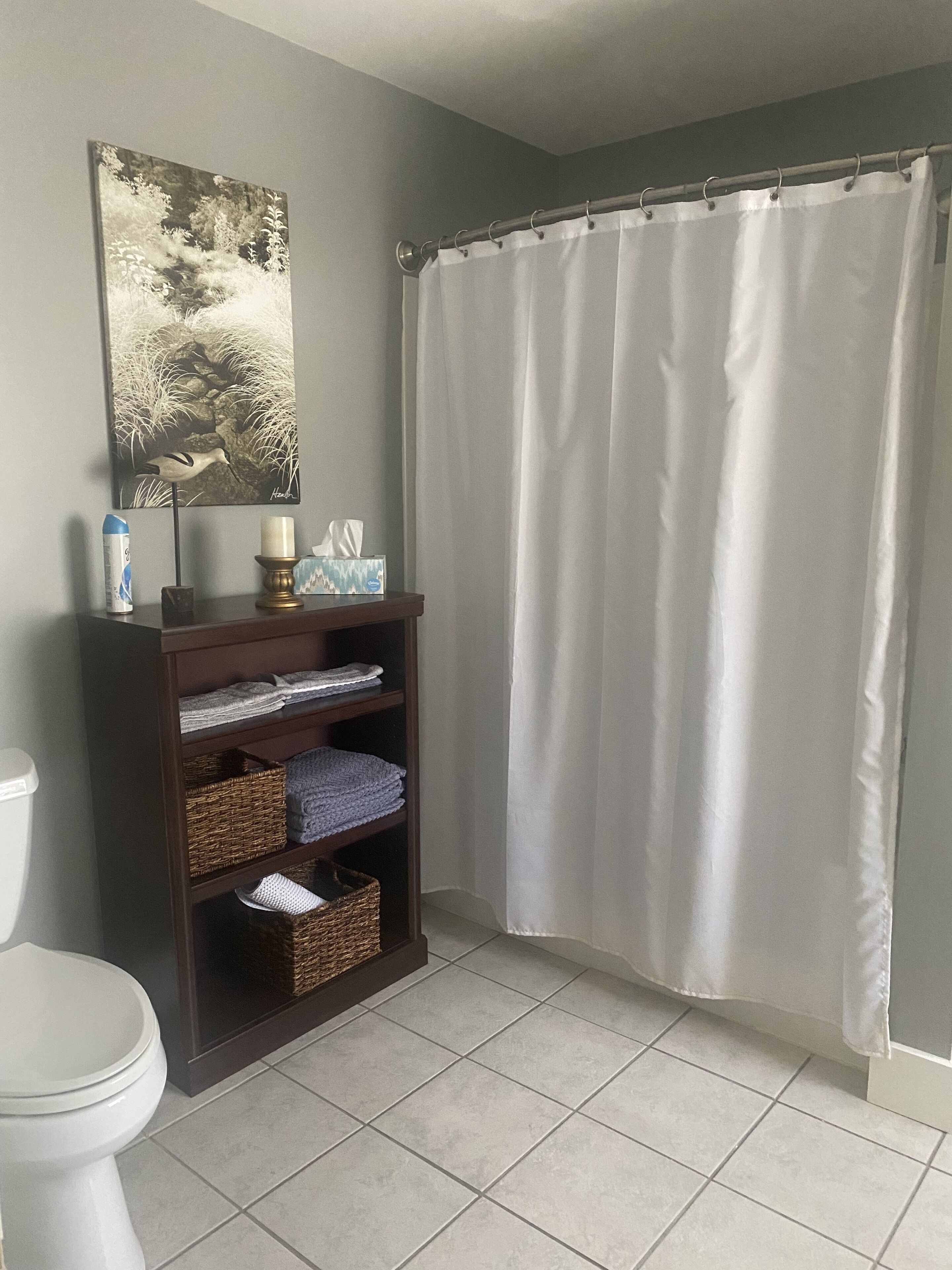 Bathtub, towels, soap, toilet paper