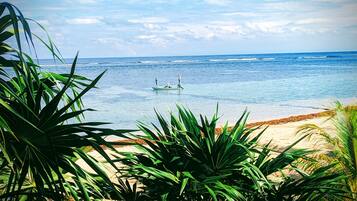 On the beach, sun-loungers, beach towels