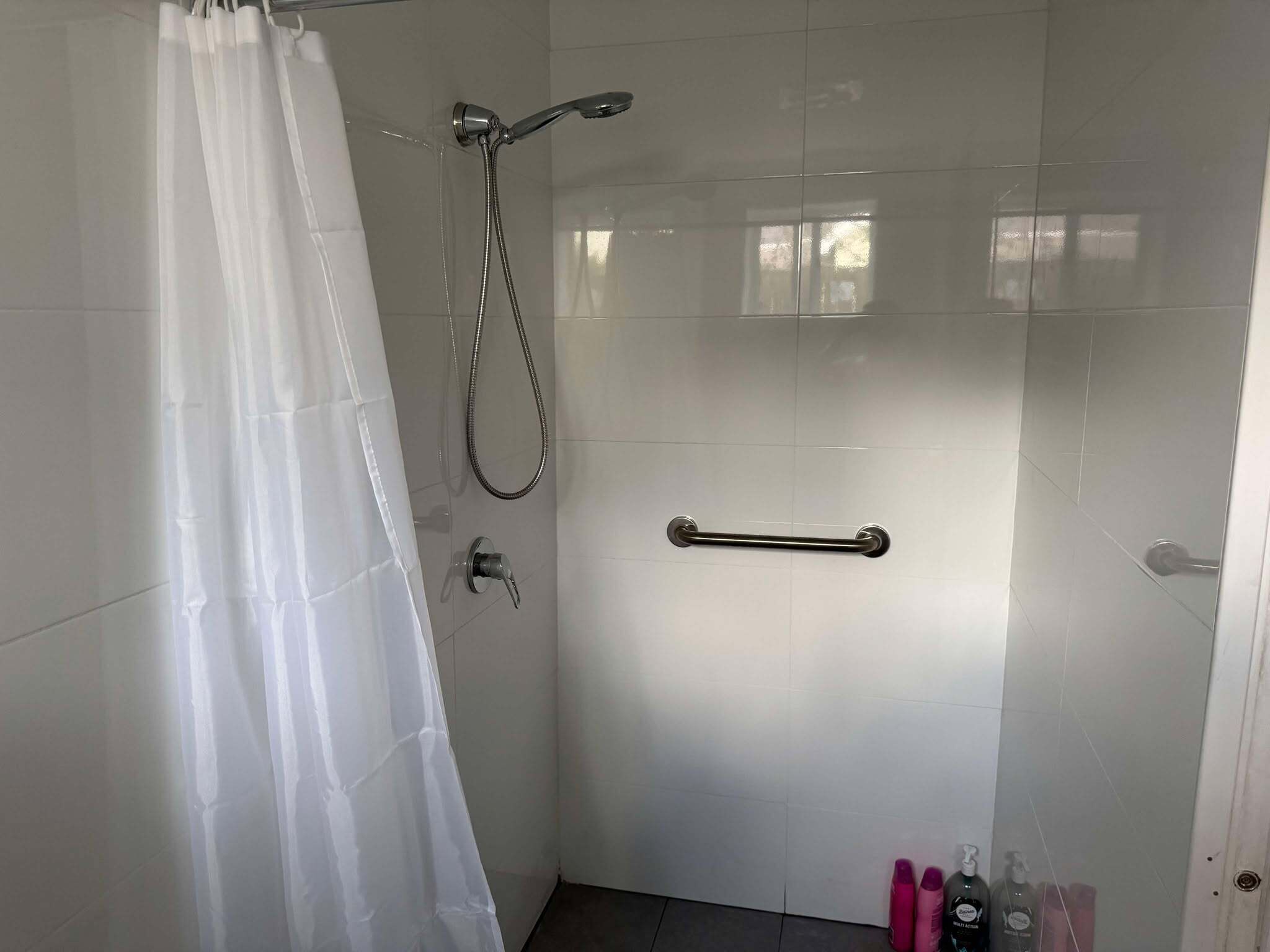 Un espacio de ducha con puerta de vidrio, cabezal de ducha manual y barra de apoyo.