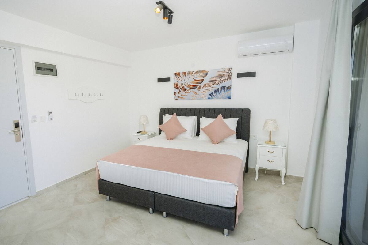 A bedroom with a bed, bedside tables, a wall-mounted air conditioner, and a door.