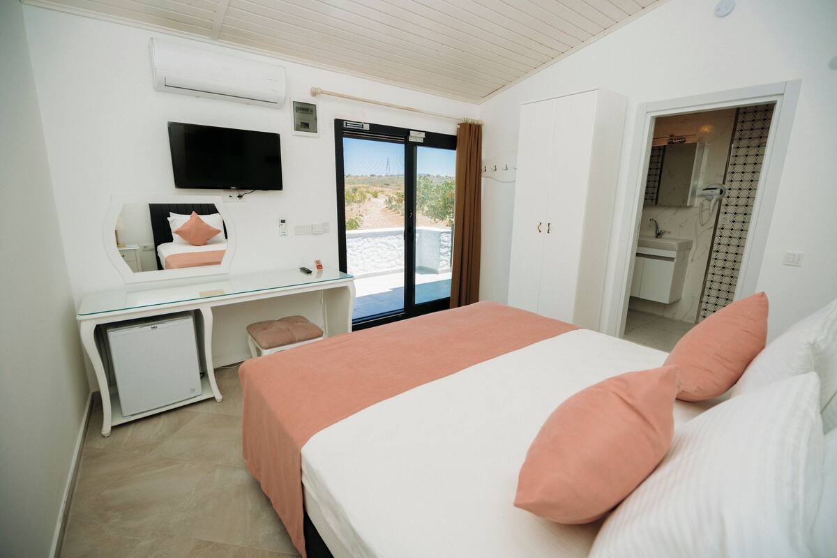 A hotel room with a bed, a desk with a computer, a TV, and a bathroom with a shower.