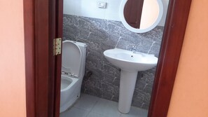 Casa de banho com sanita e lavatório assentado, com parede em mármore.