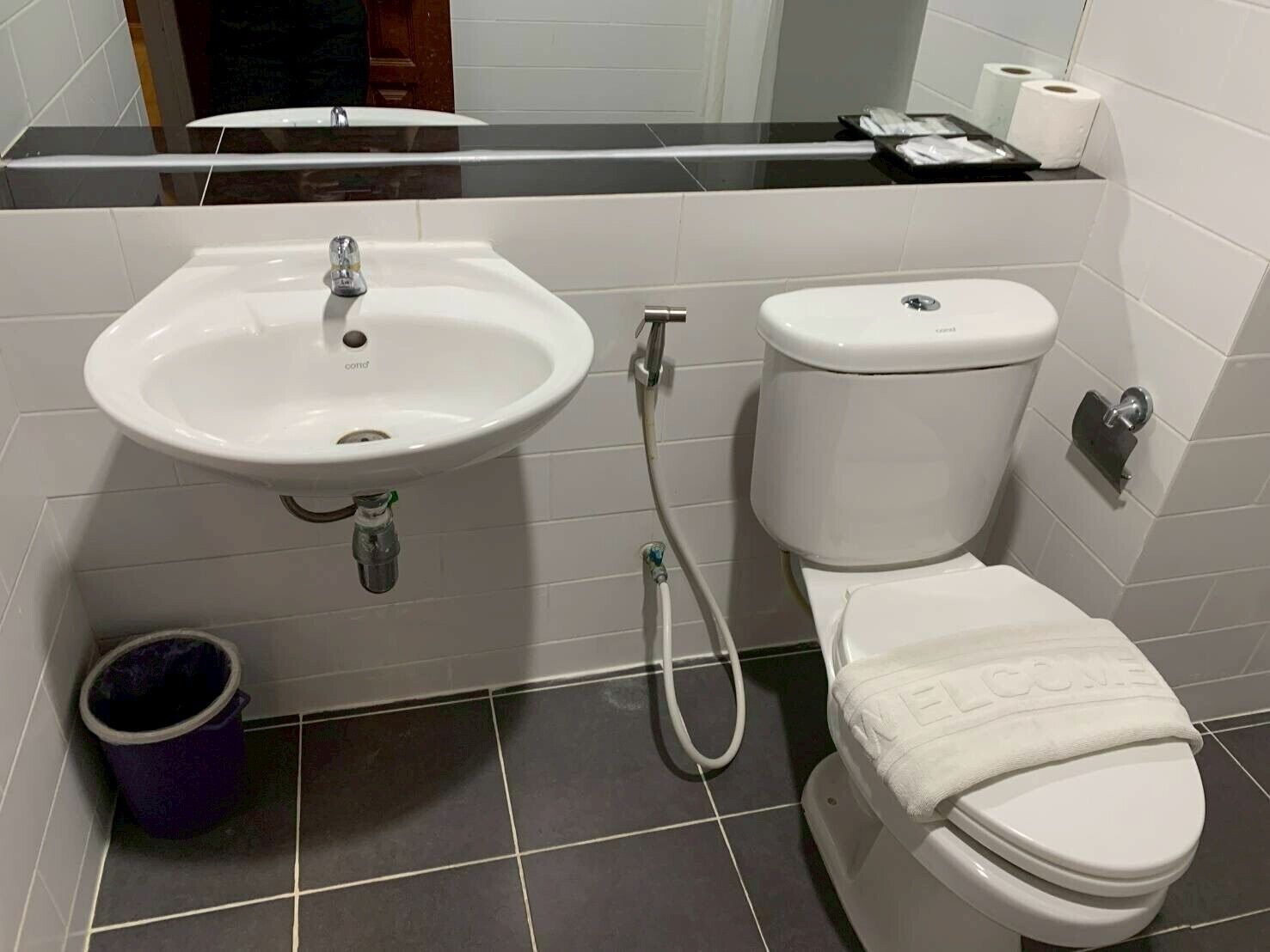 A bathroom with a white sink, toilet, and a bidet.