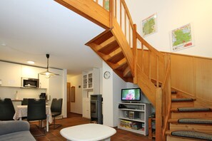 Televisión, chimenea, reproductor de DVD y estéreo 