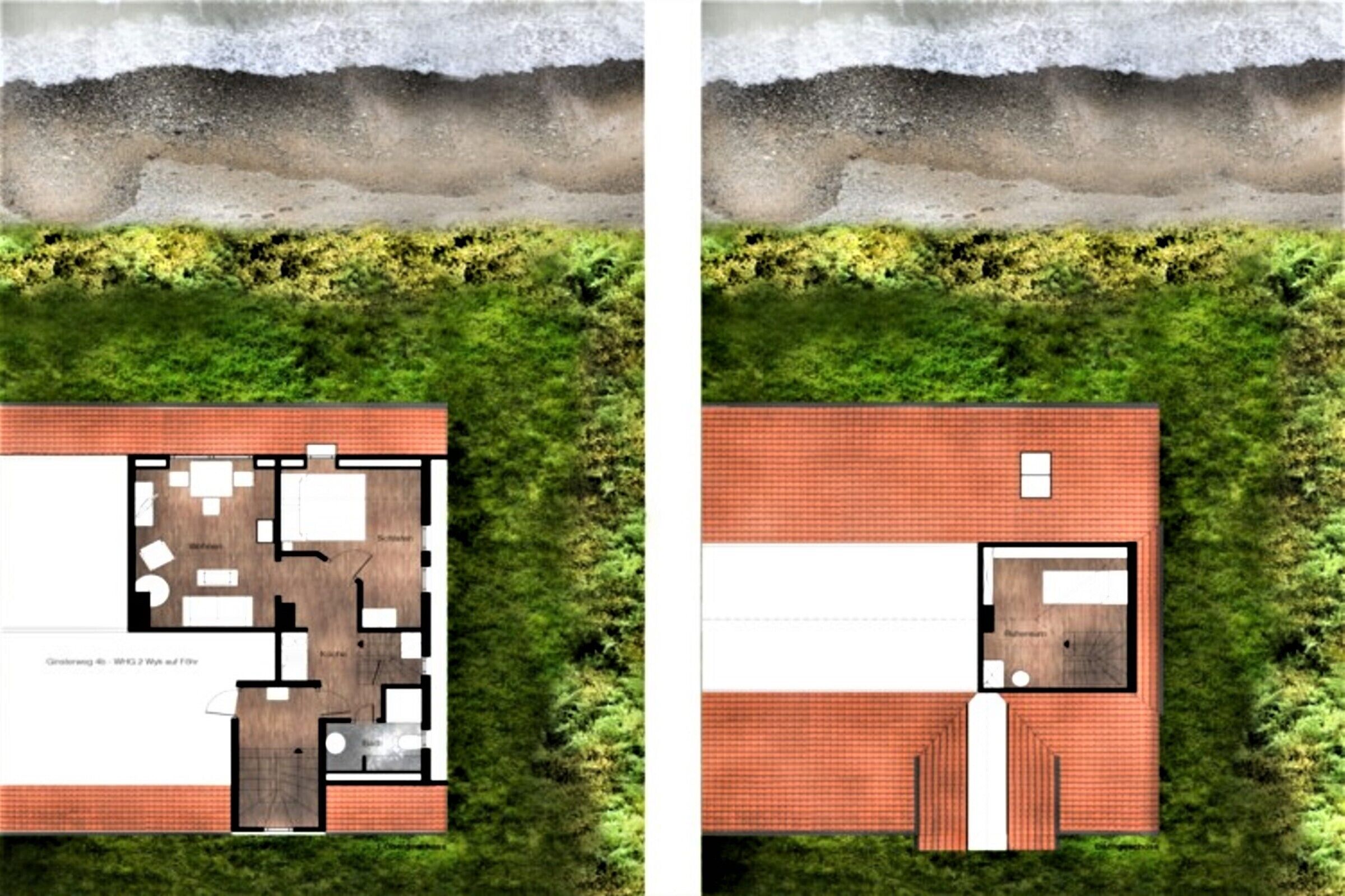 A floor plan of a house with a kitchen, living room, and two bedrooms.