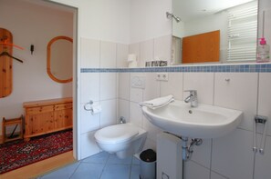 Une salle de bain équipée de toilettes, d’un lavabo, d’un miroir et d’un meuble en bois.