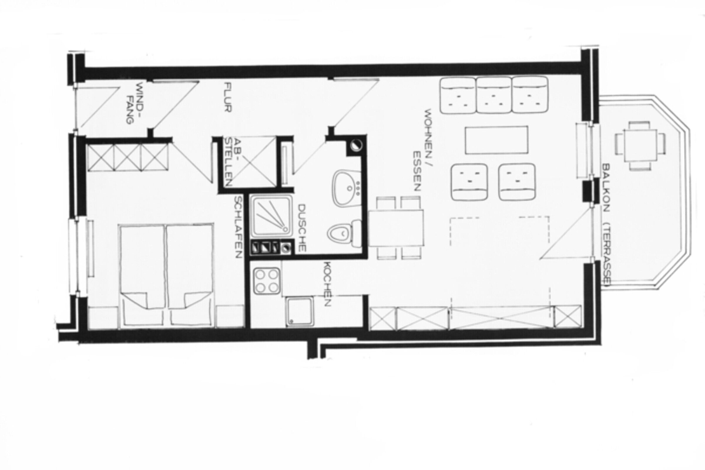 A floor plan of a hotel with a living room, kitchen, dining area, and balcony.
