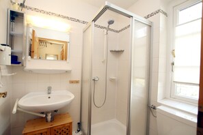 Shower, hair dryer - Corner house with 2 rooms on approx. 45m² and terrace (Wyk auf Föhr)