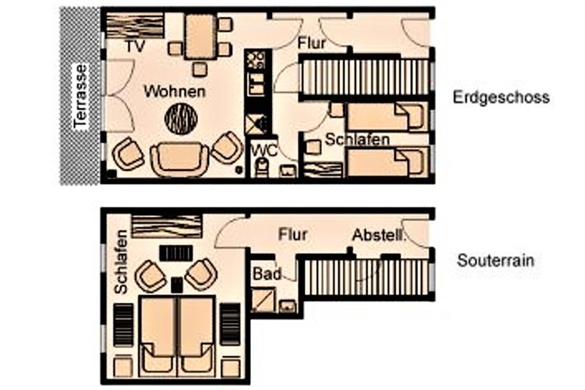A hotel layout with a terrace, living room, bathroom, and shower area.
