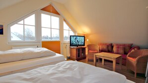 Ein Schlafzimmer mit großem Fenster, Fernseher, Sofa und Sessel.