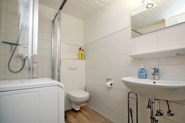 A bathroom with a shower, toilet, sink, and a mirror.