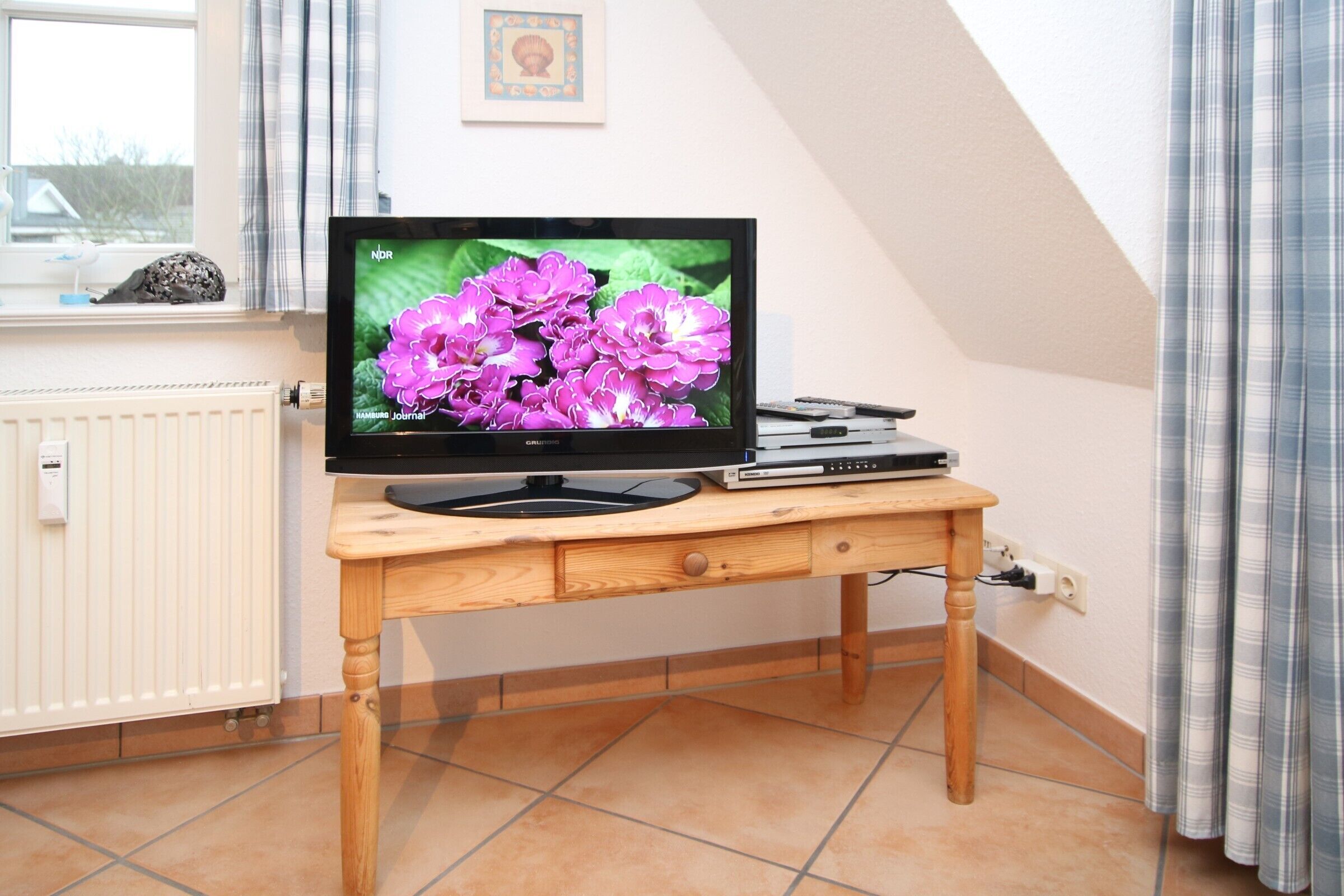 Een televisie op een houten bureau met een bloemen afbeelding, een radiator en gordijnen.