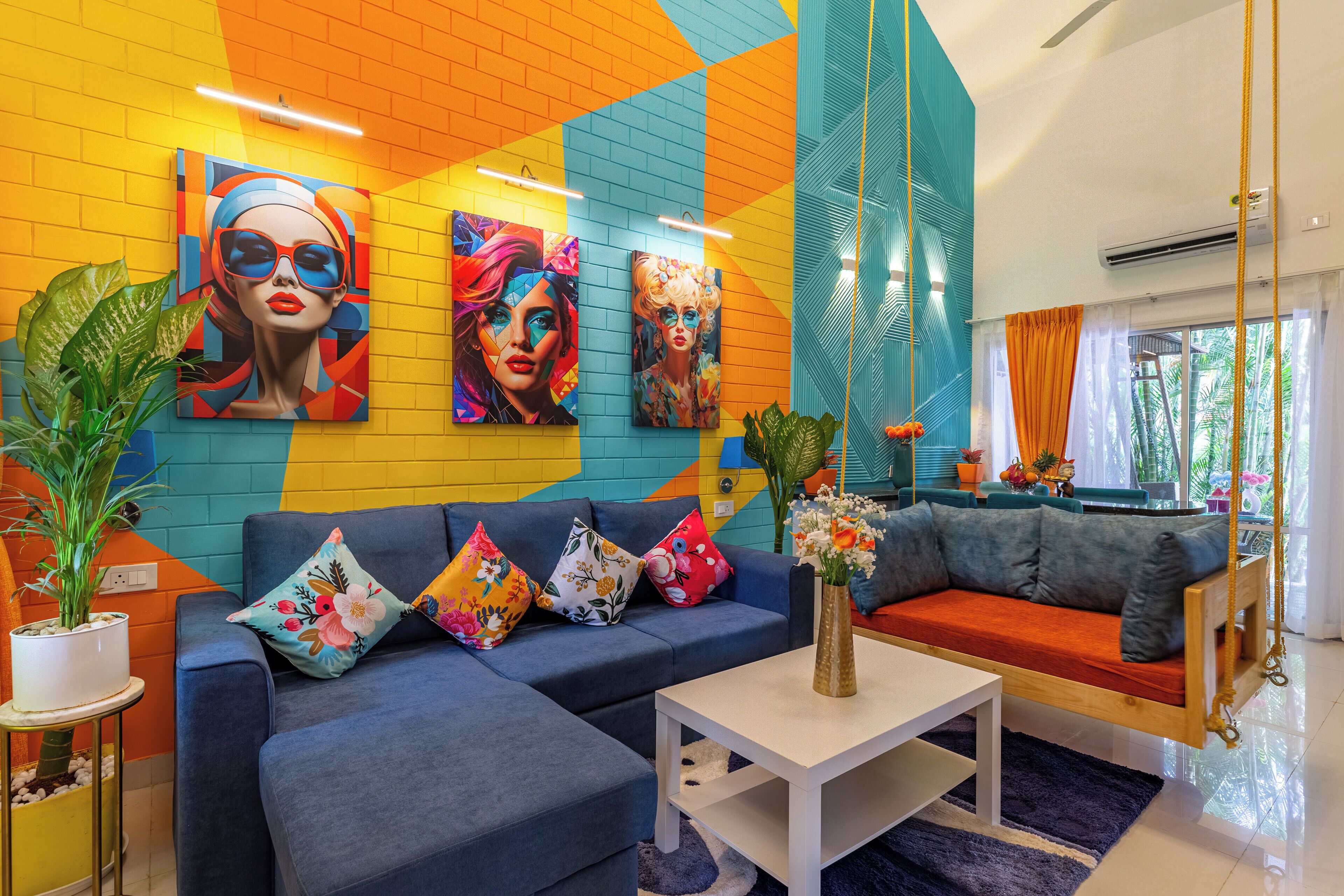 A modern living room with a blue sofa, colorful cushions, a white coffee table, and vibrant artwork on the walls.