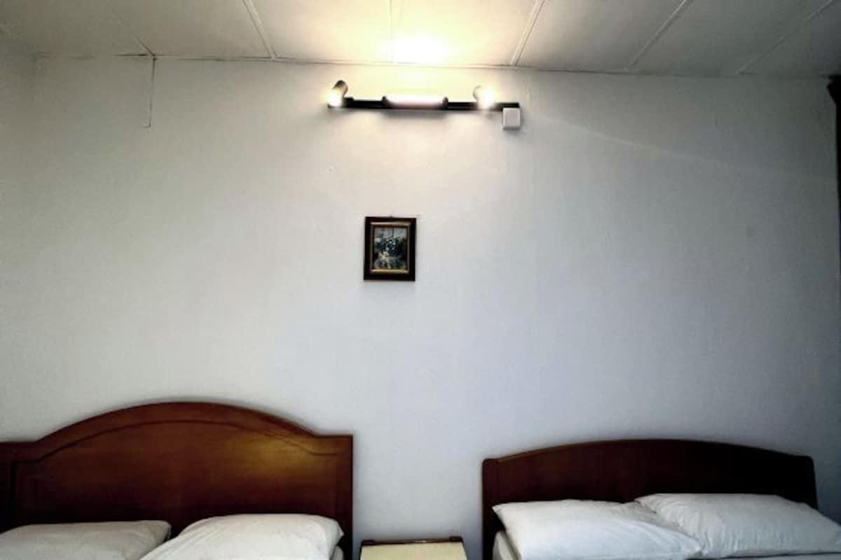 A room with two wooden beds, a small bedside table, a framed picture on the wall, and a ceiling light fixture.